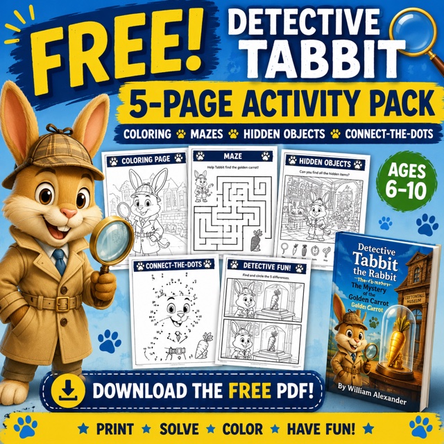 Preview of the free five-page Detective Tabbit activity pack, showing a coloring page, a maze, a hidden objects page, a connect-the-dots page, and a spot-the-difference page.