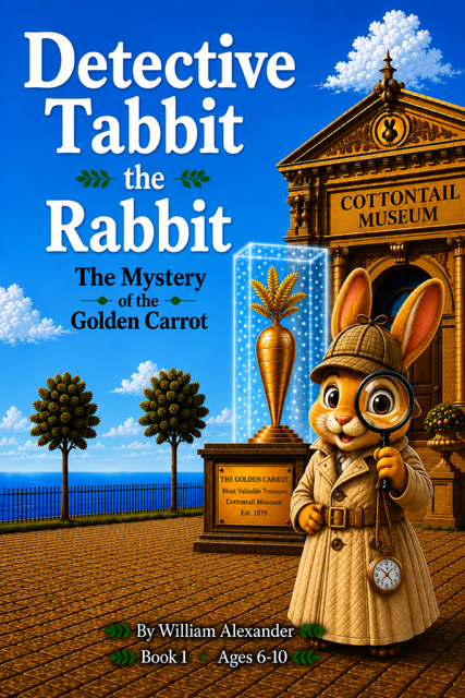 Book cover: Detective Tabbit the Rabbit, The Mystery of the Golden Carrot, by William Alexander. A rabbit in a deerstalker hat and trench coat holds a magnifying glass outside the Cottontail Museum, where a golden carrot sits in a glass display case.